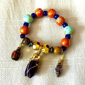 Hand crafted bracelet Collage hand painted Beads with hand made glass charms